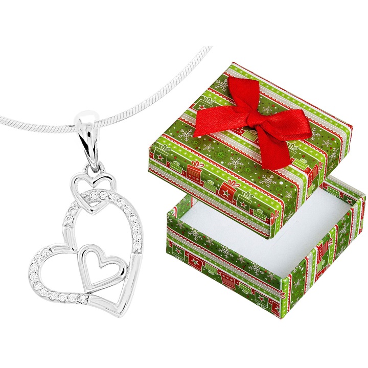 Colier dama, din argint 925 cu trei inimioare si zirconiu, set cu cutie de cadou, 32 cm