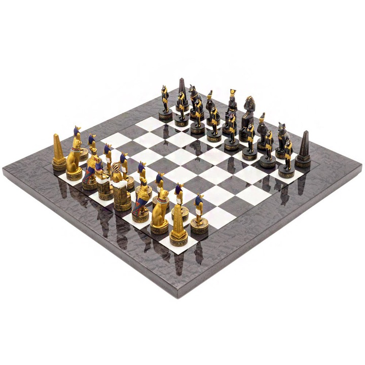 Колекционерски шах комплект Italfama, египетски фигури, ръчно рисувани, цар 8 см, дървена шахматна дъска, лъскаво сиво, 42x42 см