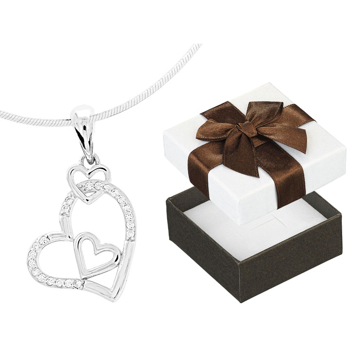 Colier din argint dama, cu trei inimioare, Siju, cu zirconiu, 32 cm, set cu cutie cadou