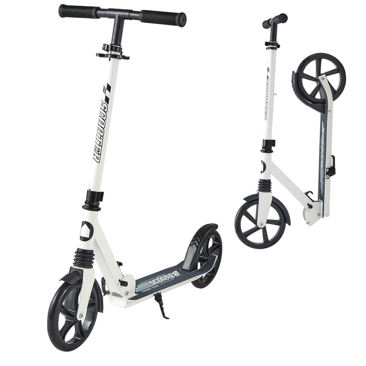 Gyermek roller 8+ éveseknek, tinédzsereknek és felnőtteknek, 2 kerekű, Állítható magasságú kormánnyal, Széles csúszásmentes platformmal, Összecsukható, Könnyű, Maximális terhelhetőség 99,8 kg, Fehér/Fekete