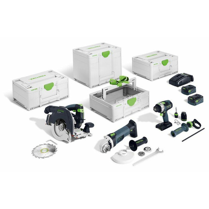 Set scule multifunctionale FESTOOL HKC 55/TPC 18/AGC 18/TB M 137, 18V, 23,80kg, fierastrau circular, masina de insurubat, polizor unghiular