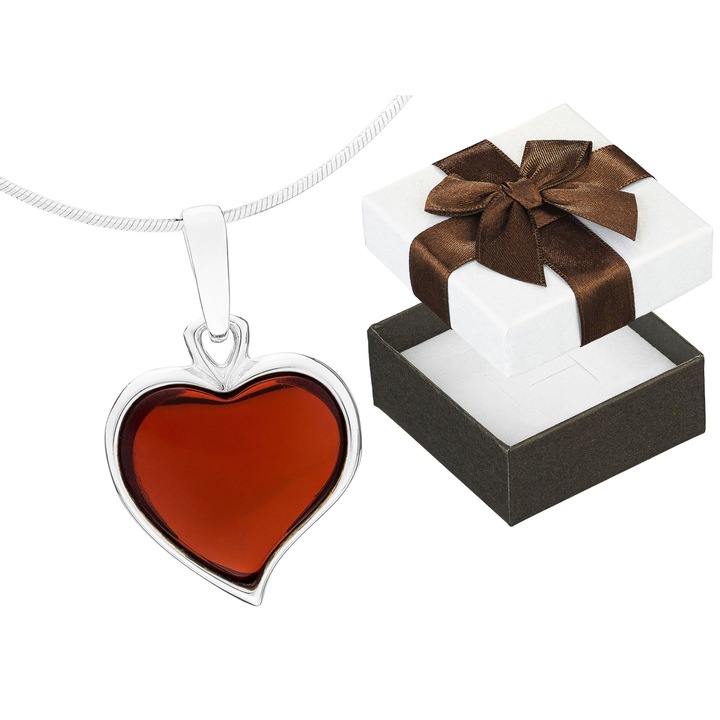 Colier din argint cu inima din chihlimbar visiniu, 55 cm, set cu cutie cadou