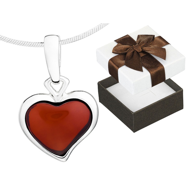 Colier din argint 925 cu inima si chihlimbar visiniu, 45cm, set cu cutie cadou