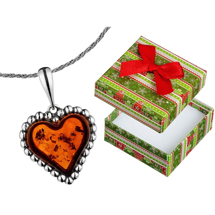 Colier scurt din argint oxidat cu inima din chihlimbar, Siju, 38 cm, set cu cutie de cadou