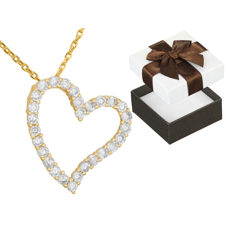 Colier Siju in forma de inima cu zirconii, argint 925 placat cu aur, 65cm, set cu cutie cadou