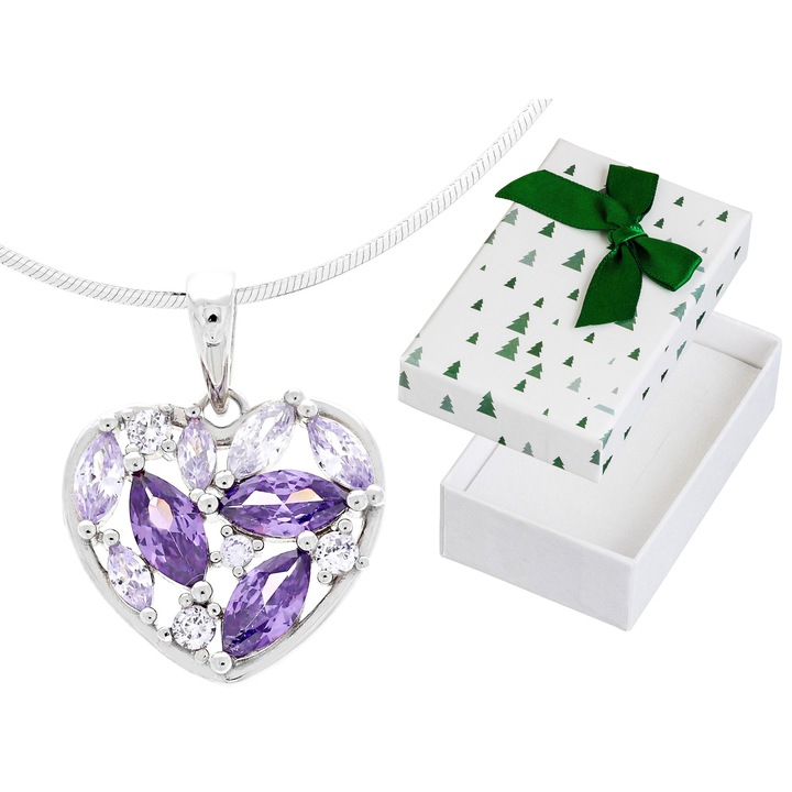 Colier Scurt de Dama din Argint Inima cu Zirconii Mov Choker 32 cm