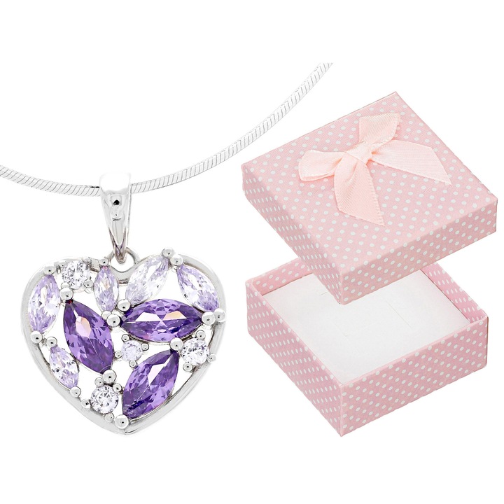 Colier din argint cu inima, Siju, pietre violet, 90 cm