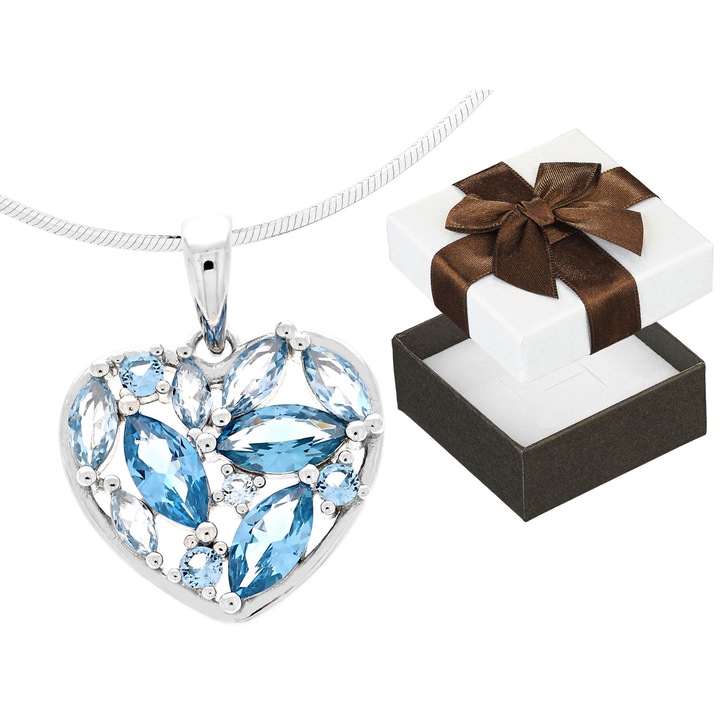 Colier din argint cu inima, Siju, pietre albastre, 30 cm