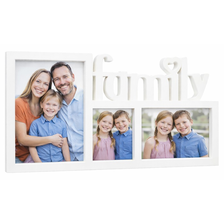 Rama foto decorativa pentru 3 poze, alba, 40x20cm, tip colaj, cu protectie din sticla