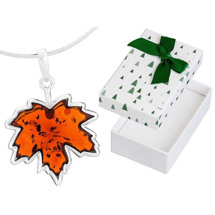 Colier din argint cu frunza de artar si chihlimbar, Siju 35 cm, set cu cutie cadou