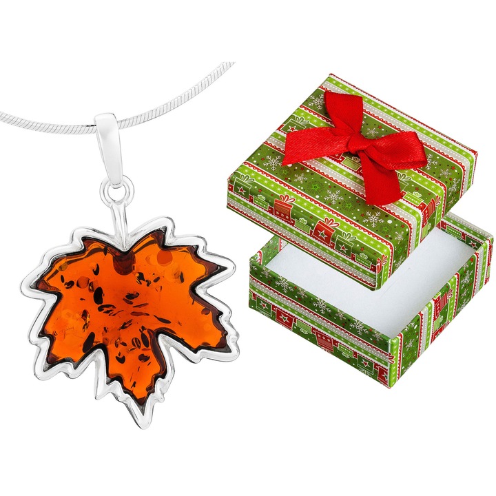 Colier din argint 925 cu frunza de artar si chihlimbar, Siju 35 cm, set cu cutie de cadou