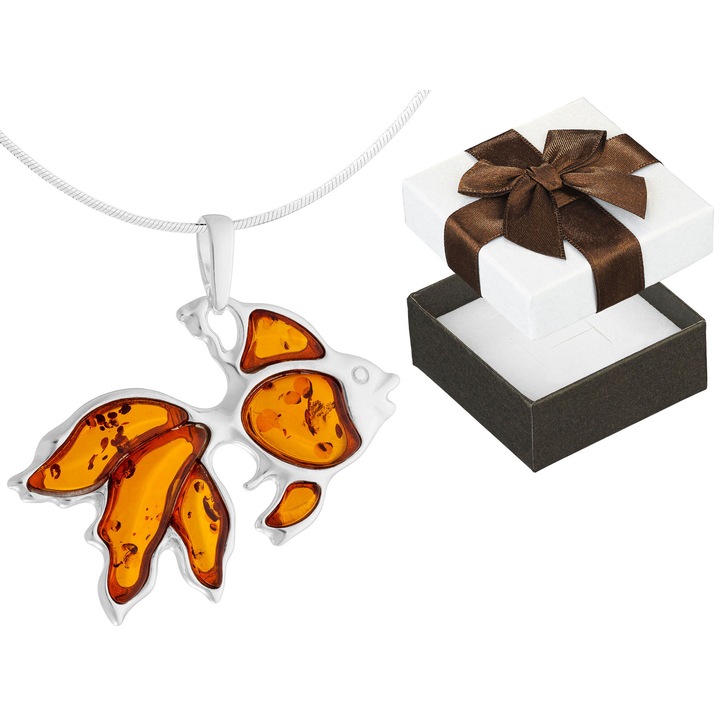 Colier lung din argint cu forma de peste, Siju, cu chihlimbar, 90cm, set cu cutie de cadou