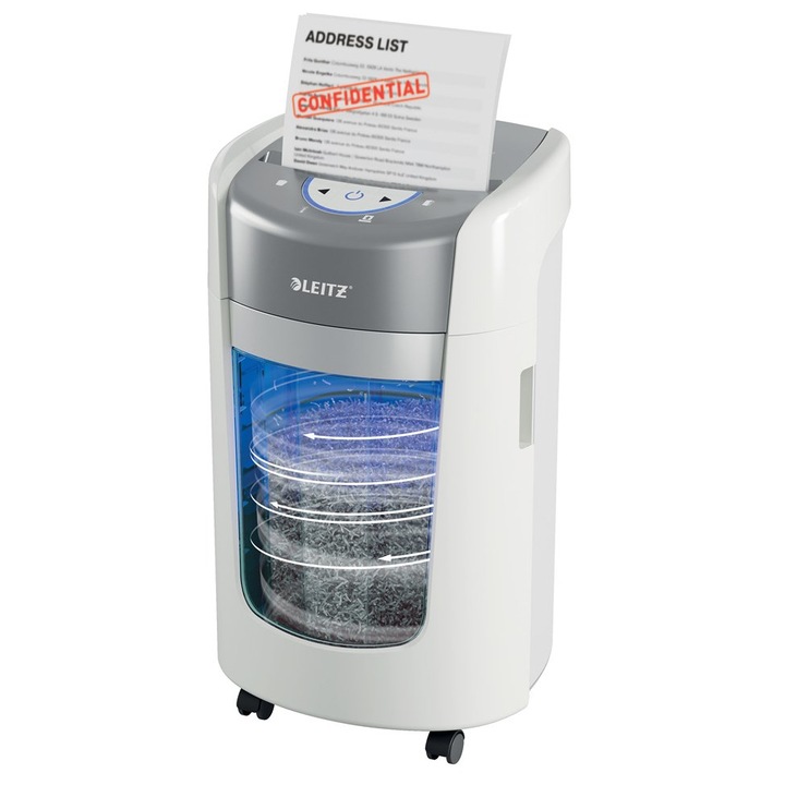 Distrugator documente Leitz IQ Optimax 225, P5, 6 foi, 15l, alb, 332x314x573mm