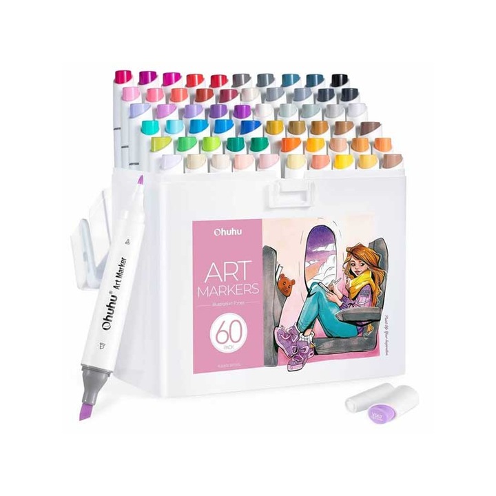 Set 60 Markere Ohuhu Fine si Chisel, Multicolor, 1-7mm