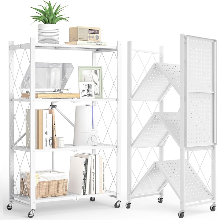 Универсална етажерка за съхранение Teno®, на колелца, сгъваема, голям капацитет, метална, 4 инча, за организиране и съхранение, просторна, 119 см, бяла