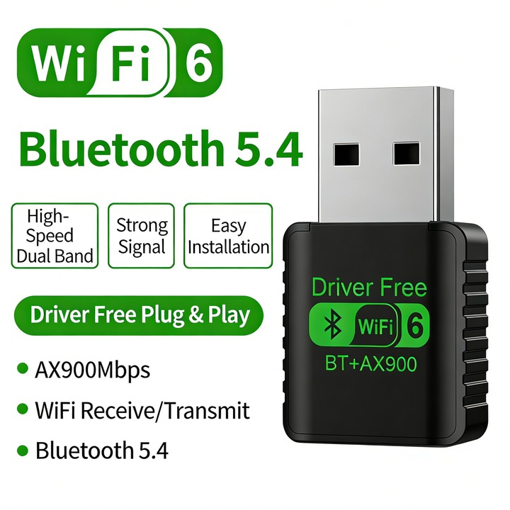 Adaptor Wireless USB 2 in 1 WiFi 6 AX900 NexVortk®, Bluetooth 5.4, Dual Band 2.4GHz & 5GHz, 900Mbps, USB 3.0, Fara driver, Rata de transmisie fara fir mare, Mini Dongle WiFi pentru PC/Laptop/Desktop, Negru