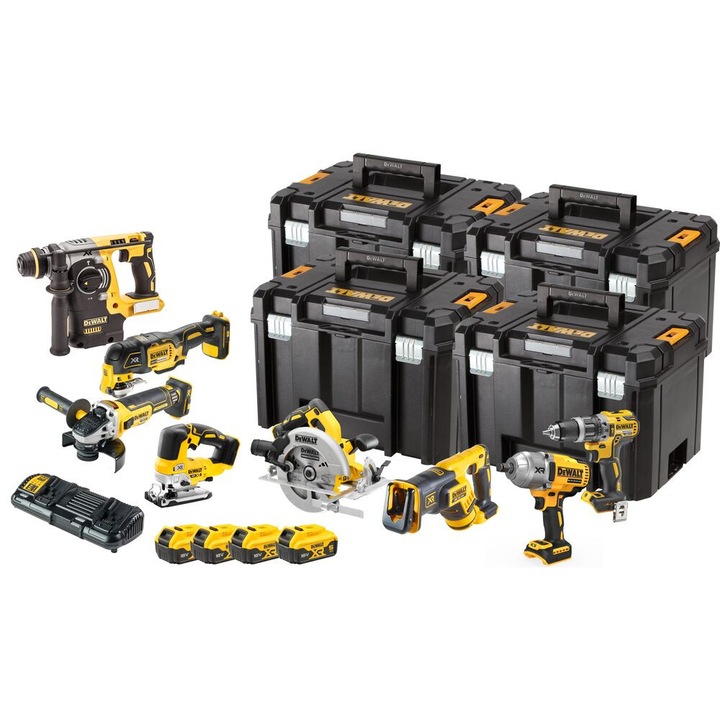 Set 8 unelte electrice 18V XR DeWALT, 4 acumulatori 5,0Ah, transport TStak