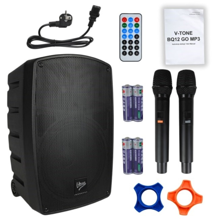 V-tone BQ12 GO hangszóró, Bluetooth, USB, SD, szett 2 vezeték nélküli mikrofonnal, fekete, méretek: 30x45cm