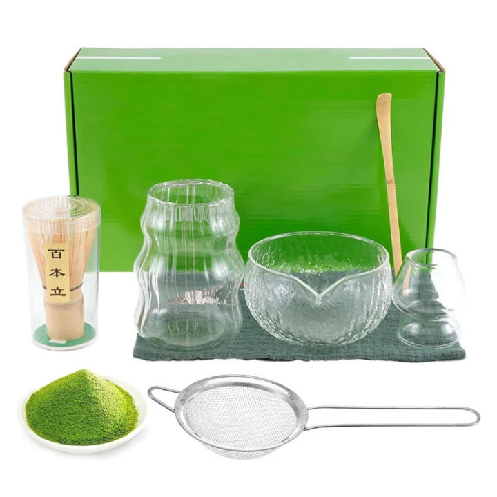 Set Matcha Japonez 7 Piese, Rqiurpn, Set Ceai cu Matelusa, Bol de Sticla, Cana, Sita si Suport, Bat Bambus pentru Mixat, Lingurita, Set Cadou, Pentru Ceai Traditional
