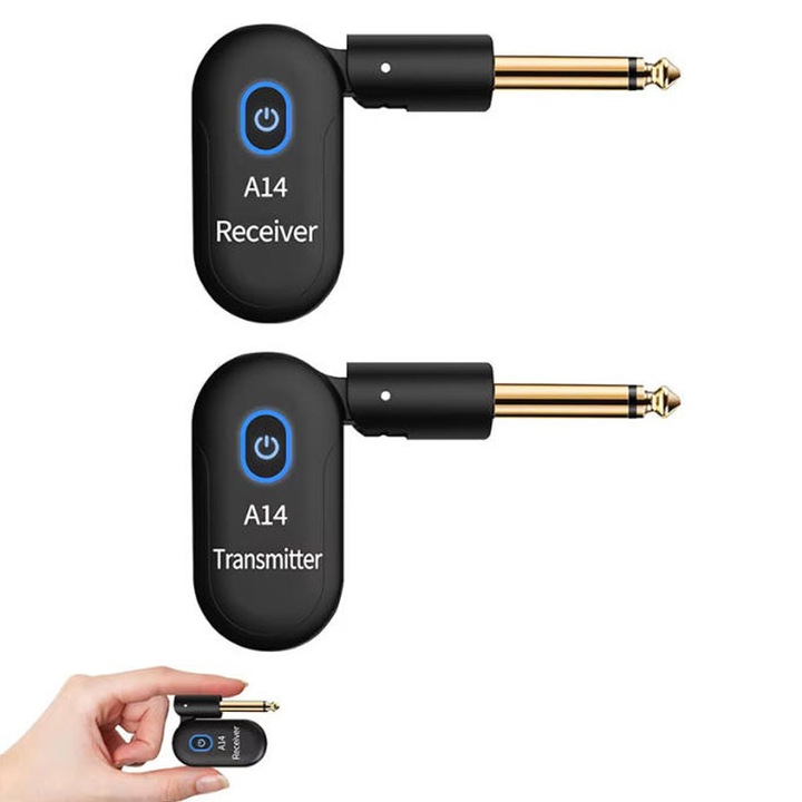 Sistem de chitara wireless 2.4G (pachet de 2), Duueyct, Receptor/transmitator muzical, A14, Incarcare USB, Transmisie audio, Anti-interferente, Zgomot redus, Reincarcabil, 15x11x2cm, Negru