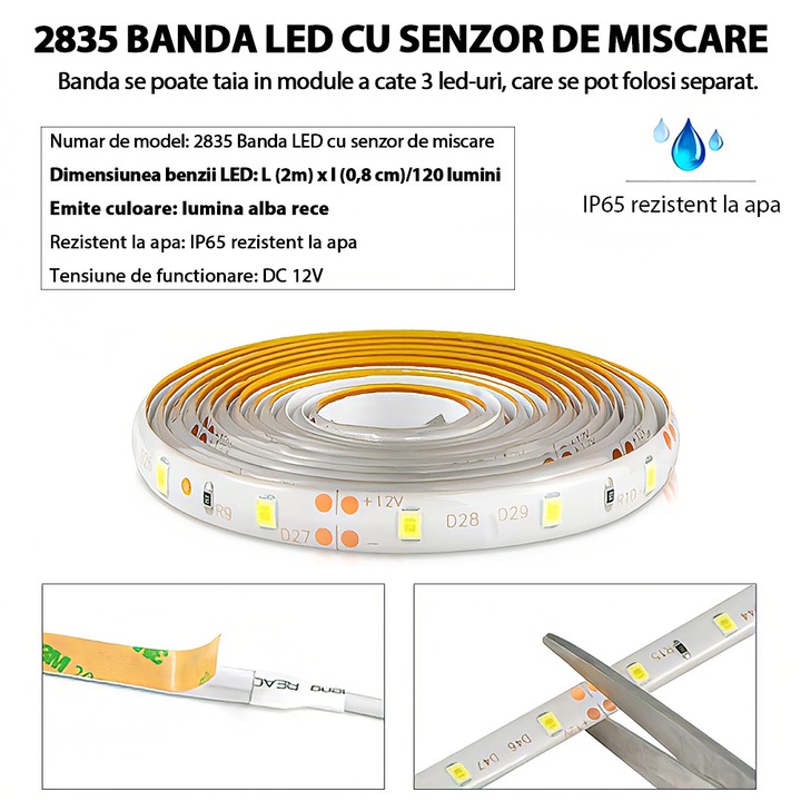 Banda LED, DONFANLIA®, Alb rece, 2m, 120 lumini, 12V, Senzor miscare ...