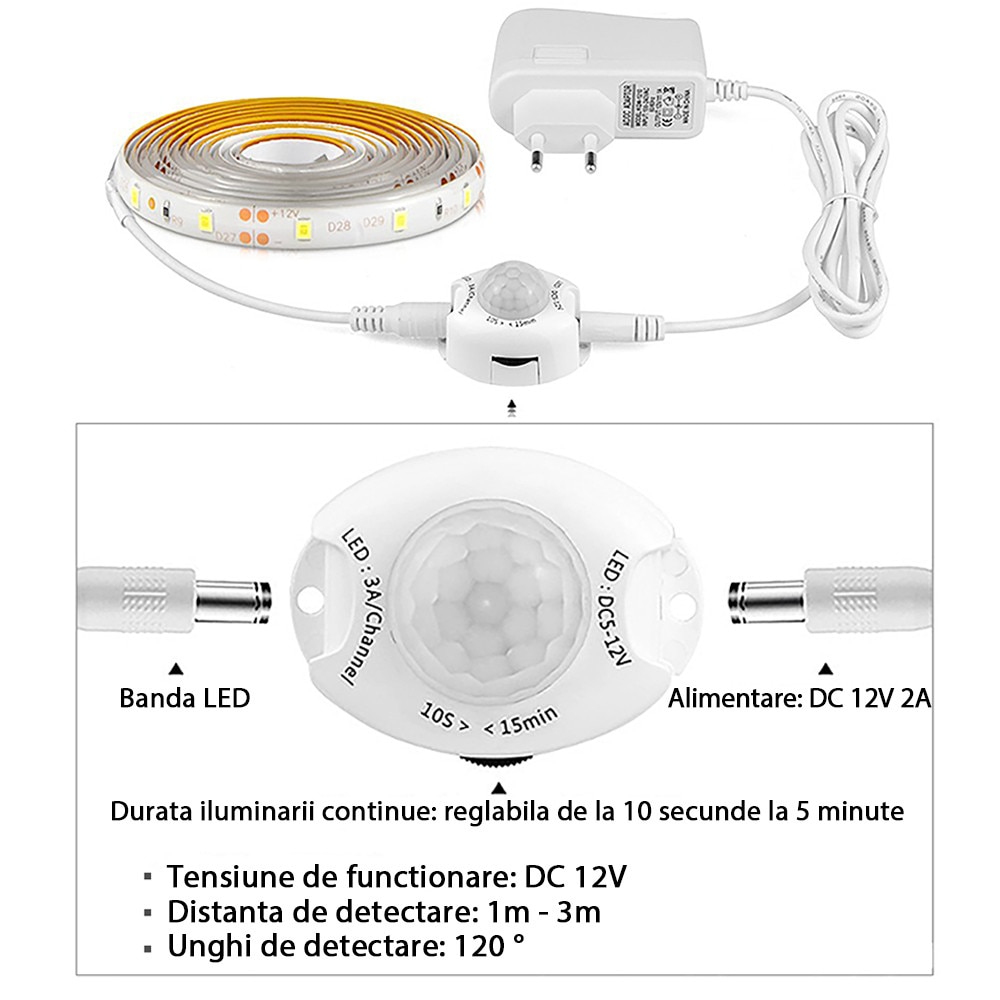 Banda LED, DONFANLIA®, Alb rece, 2m, 120 lumini, 12V, Senzor miscare ...