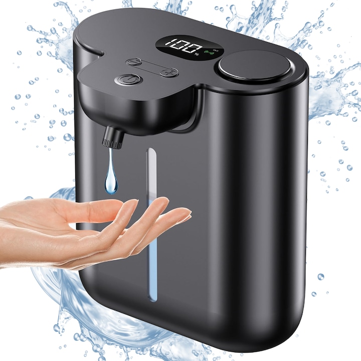 Dozator Automat de Sapun Lichid Wacorresi, Capacitate 500ml, Montare Pe Perete sau Countertop, Afisaj Temperatura, Ora, Prindere de Perete, Senzor de Miscare, Fara Atingere, Pentru Baie, Bucatarie, Hotel, Spital, Mall, Negru