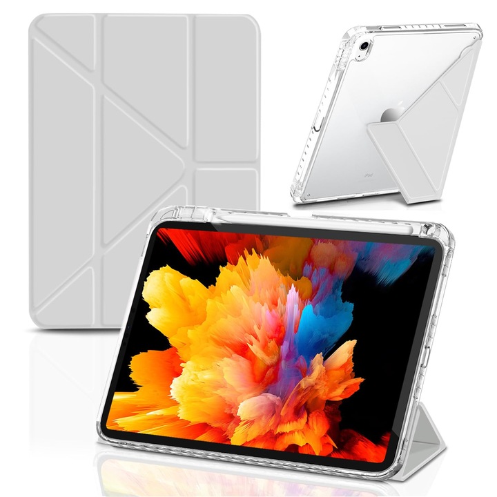 Husa pentru iPad 11" A16 (2025)/iPad 10.9" (2022), Gen cu 8+ unghiuri de vizualizare, functie de repaus/activare automata, carcasa rigida complet transparenta, suport solid pliabil in Y - gri