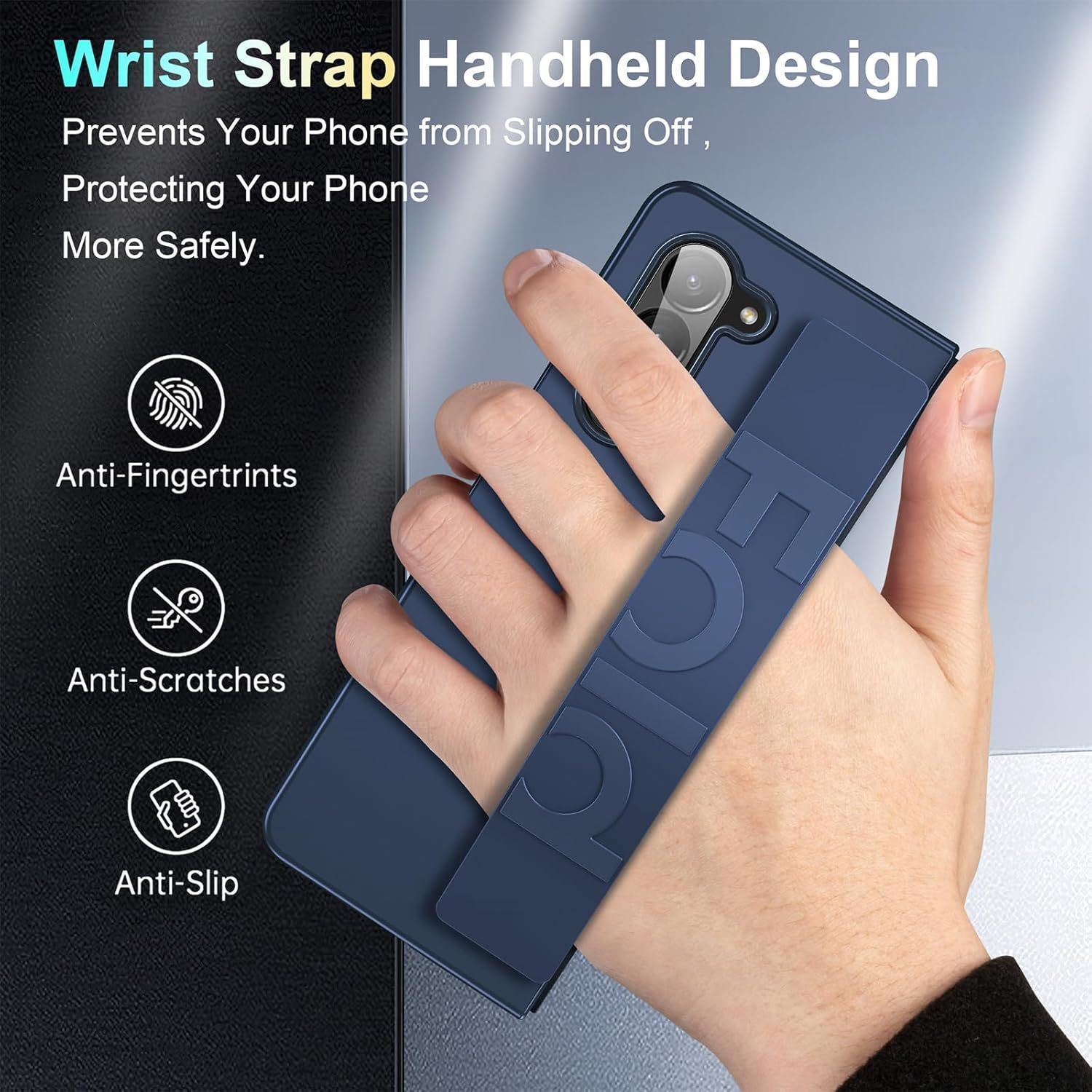 Husa de Protectie wumeiwang pentru Samsung Galaxy Z Fold7, curea de mana, anti-soc, albastru inchis