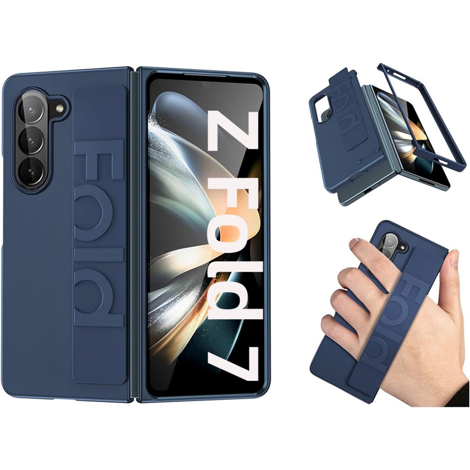 Husa de Protectie wumeiwang pentru Samsung Galaxy Z Fold7, curea de mana, anti-soc, albastru inchis