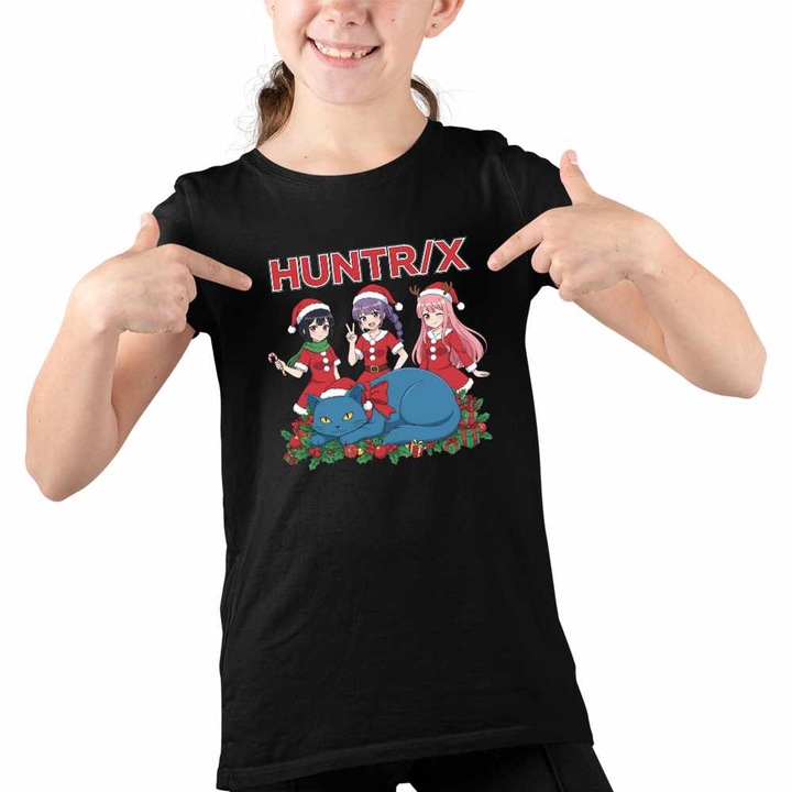 Tricou Copii Fete Huntrix Craciunite Merry Christmas Kpop, Fekete