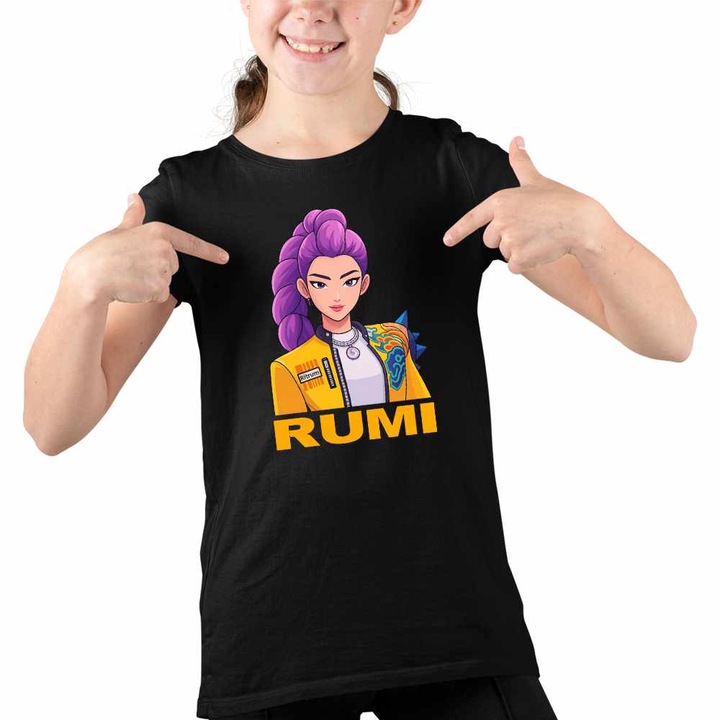Tricou Copii Fete Huntrix Rumi Kpop Demon Hunters, Fekete