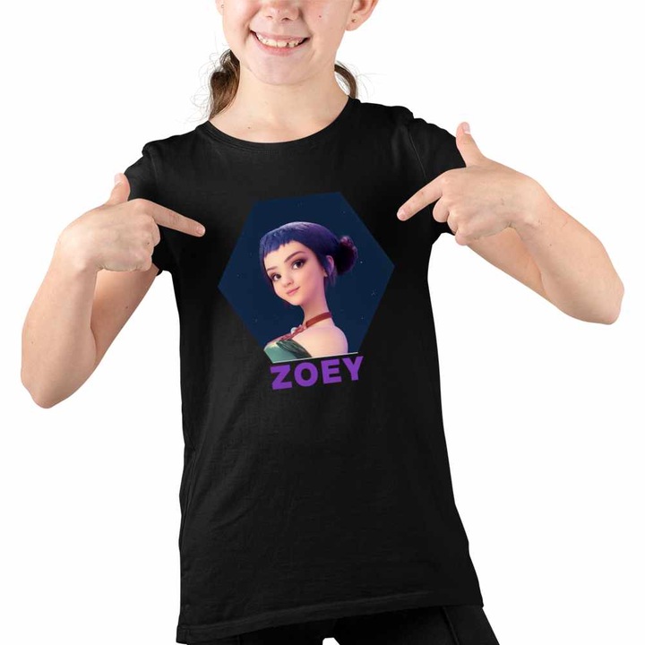 Tricou Copii Fete Huntrix Zoey Kpop Demon Hunters, Fekete