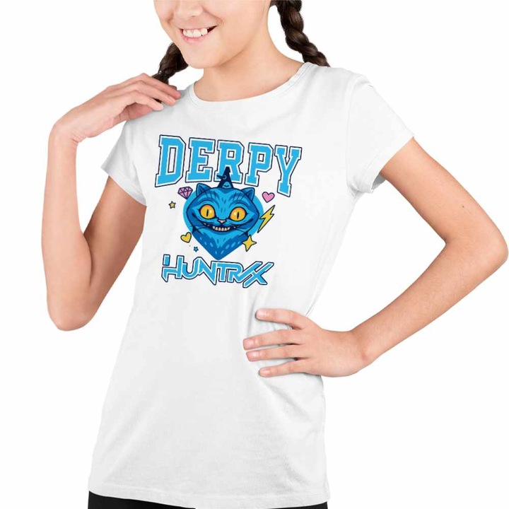 Tricou Copii Fete Huntrix Derpy Pisica Kpop Demon Hunters, Fehér