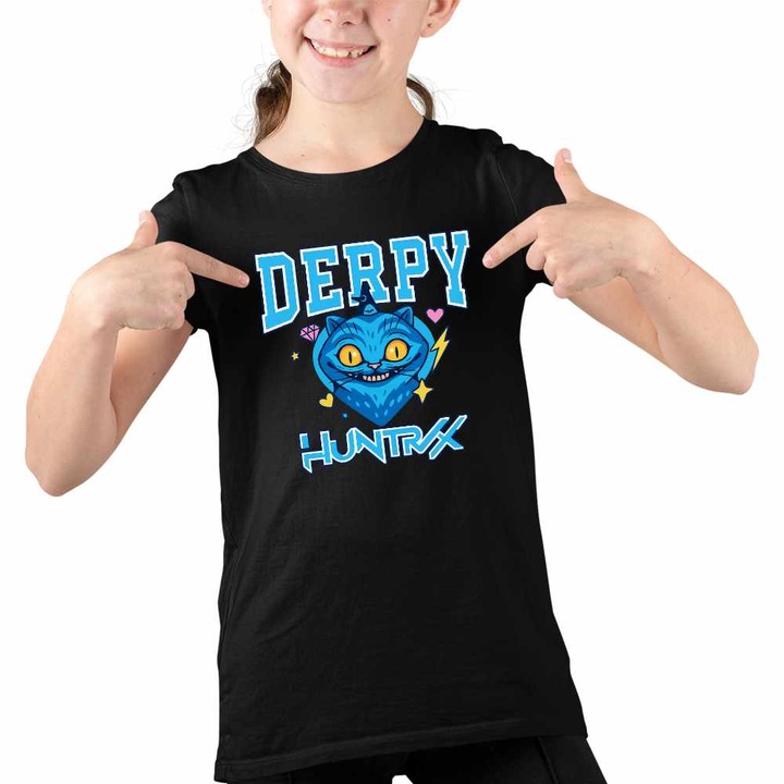 Tricou Copii Fete Huntrix Derpy Pisica Kpop Demon Hunters, Fekete