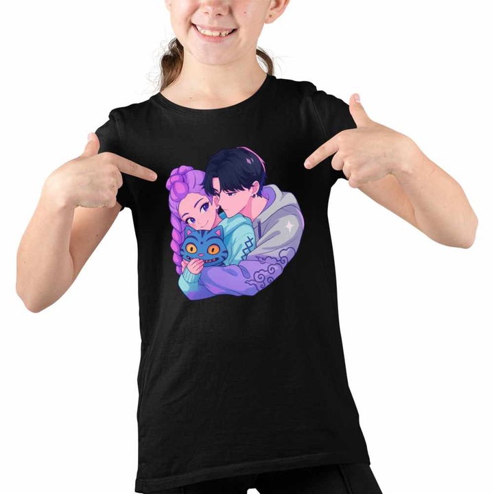 Tricou Copii Fete Huntrix Saja Love Kpop Demon Hunters, Fekete