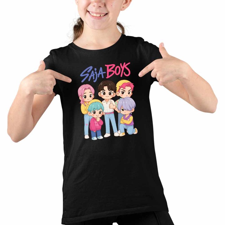 Tricou Copii Fete Huntrix Saja Boys Kpop Demon Hunters, Fekete