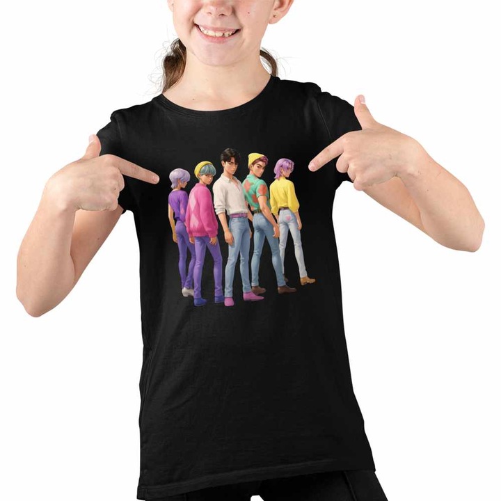 Tricou Copii Fete Huntrix Saja Boys Kpop Trupa, Fekete