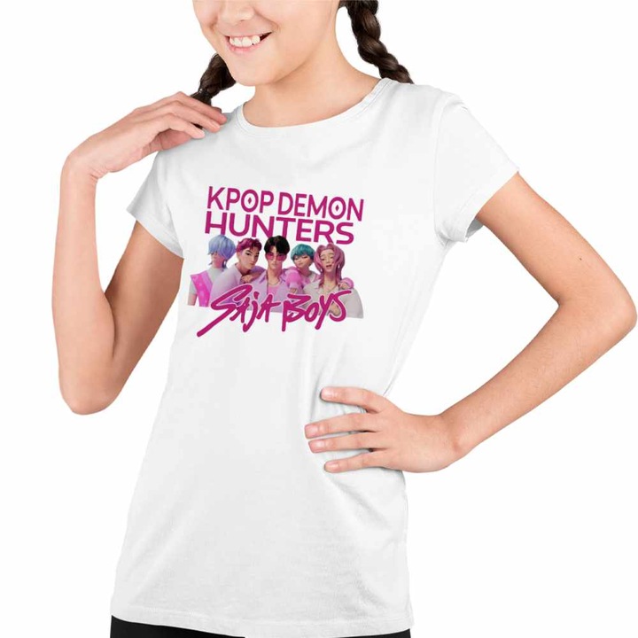 Tricou Copii Fete Huntrix Saja Boys Demon Hunters Kpop, Fehér