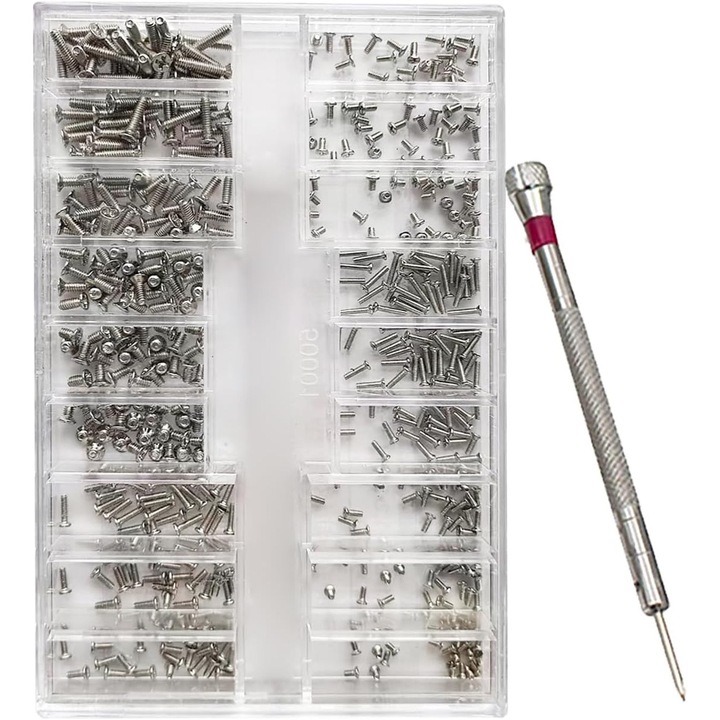 Set de 500 suruburi micro Phillips din otel inoxidabil cu surubelnita, 18 dimensiuni, argintii, 4.7x3.2x0.73inches