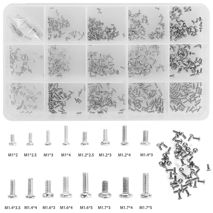 Set 800 suruburi mici pentru electronice, dimensiuni M1/M1.2/M1.4/M1.6/M1.7, cutie plastic