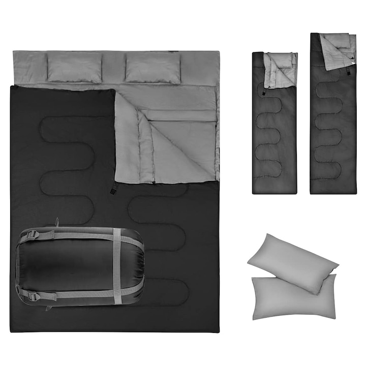Sac de dormit dublu YOUKUKE®, Poliester, 220x150 cm, 4 fermoare duble, saci de dormit impermeabili si usori pentru 2 persoane, pentru camping, Negru