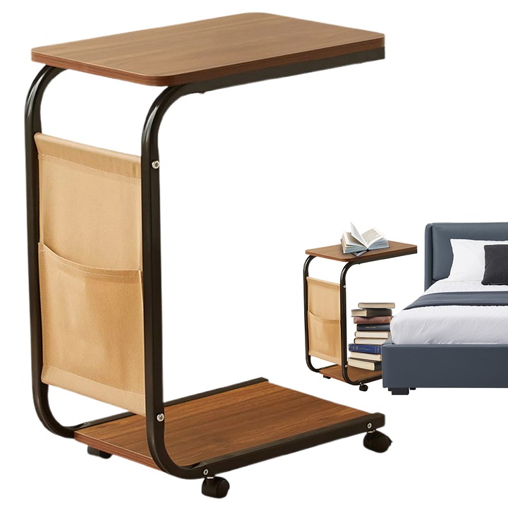 C-образна странична маса, с метална рамка, със страничен джоб, диванна маса на колелца, мебели, за всекидневна, спалня, офис, трапезария, маса от MDF и метал