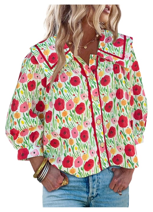 Bluză feminină cu imprimeu floral, potrivită pentru primăvară și vară（10017）, Rosu