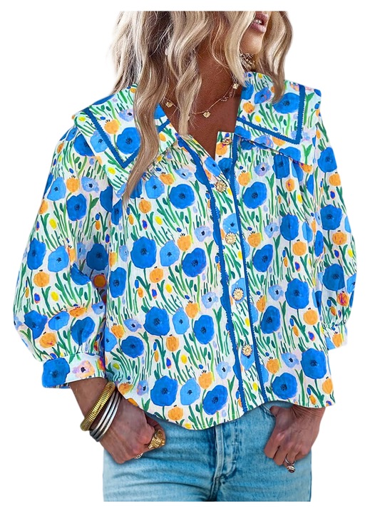 Bluză feminină cu imprimeu floral, potrivită pentru primăvară și vară（10017）, Albastru