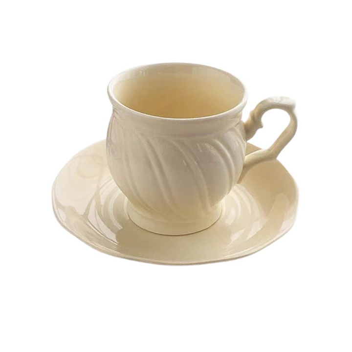 Set de cana si farfurie de cafea eleganta in culoare galben crem, capacitate 300 ml