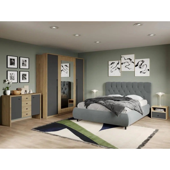 Set Dormitor Pero, tapitat cu oglinda, C1, Pat fix Mega, 160x200, Gri/Velluto16, Dulap 4 usi, Comoda si 2 Noptiere