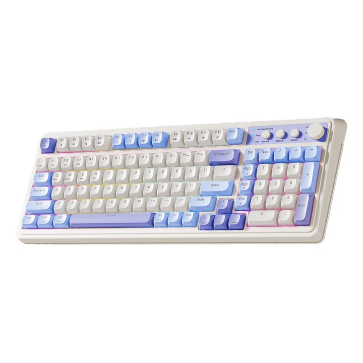 Tastatura gaming AULA S99, layout 98% cu numpad (99 taste), tri-mode (Bluetooth/2.4G/USB-C), iluminare RGB, buton rotativ multimedia