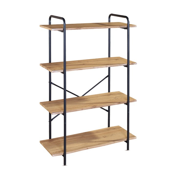 Raft Kiwari® Quad, 4 Polc, MDF és Fém, Modern Ipari Design, 112×34×80 cm, Fekete & Tölgy