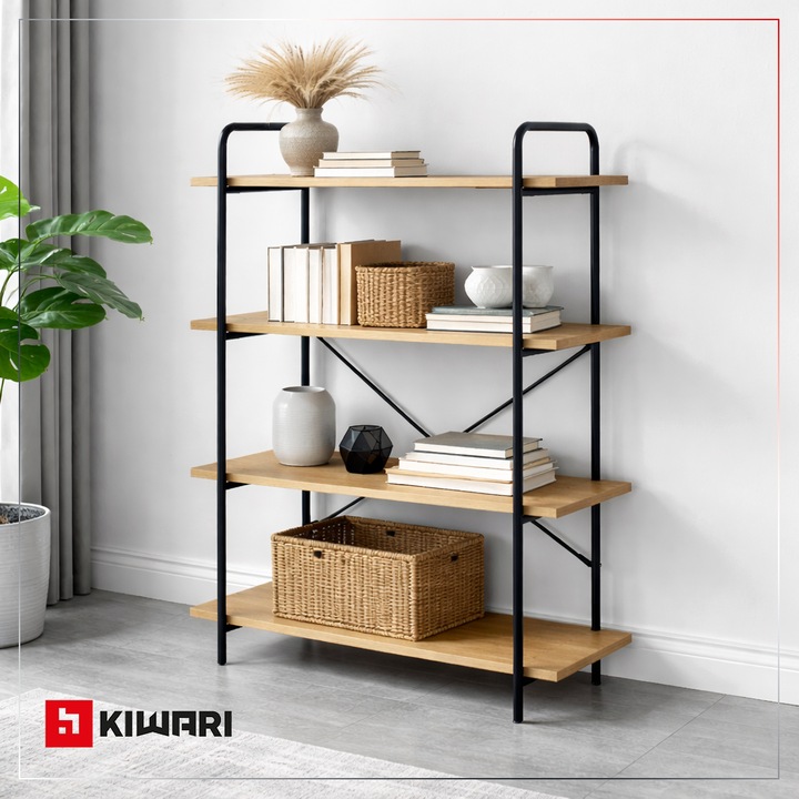 Raft Kiwari® Quad, 4 polite, 112×34×80 cm, MDF si Metal, Design Modern Industrial, Negru & Stejar